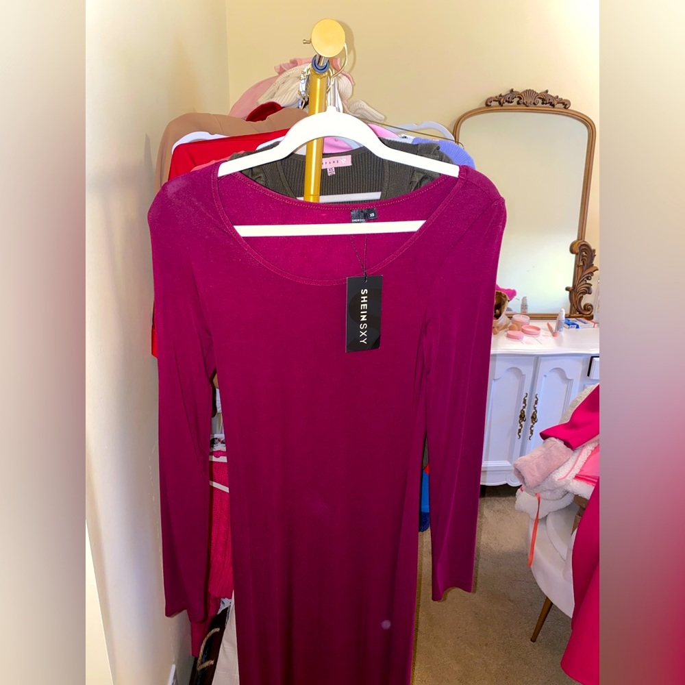 SHEIN Maxi Burgundy Long Sleeve Fitted Dress Size XS NWT